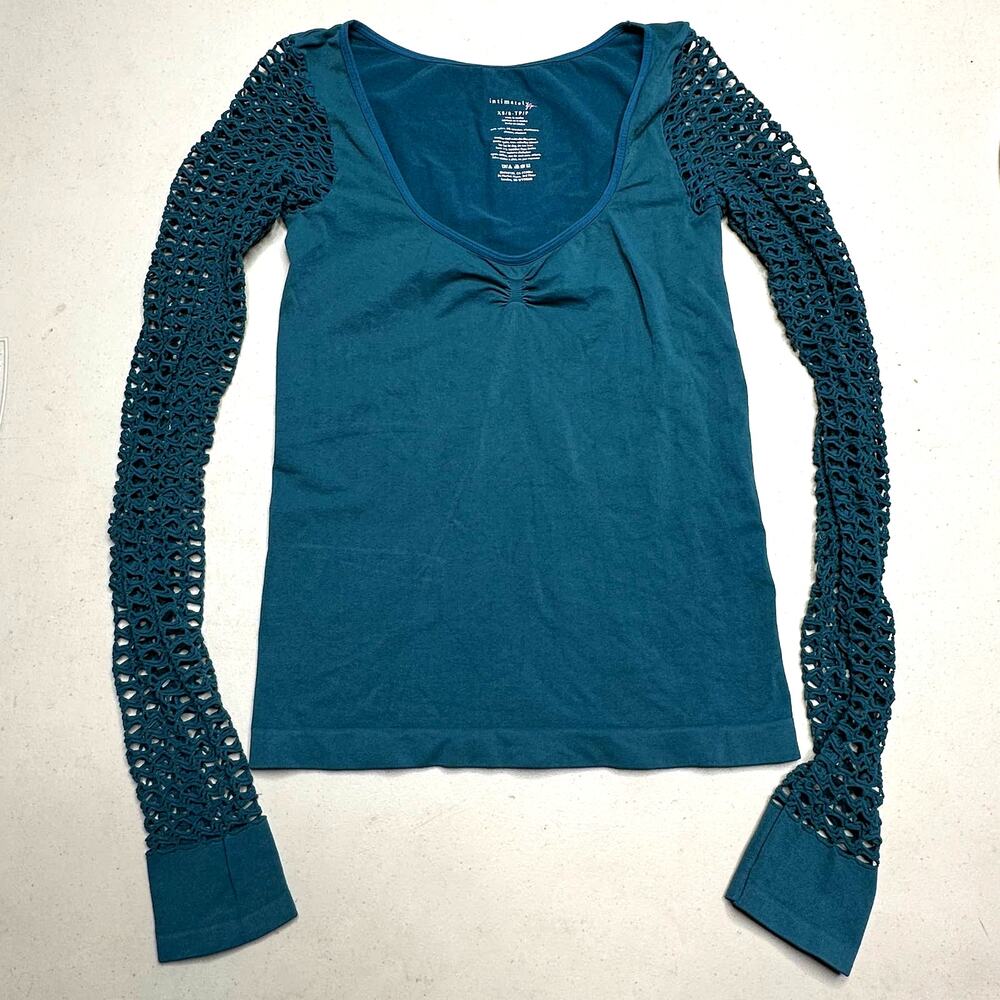 Free People Intimately Open Knit Sleeve Fitted Ruched Top Teal Women XS/S NWOT